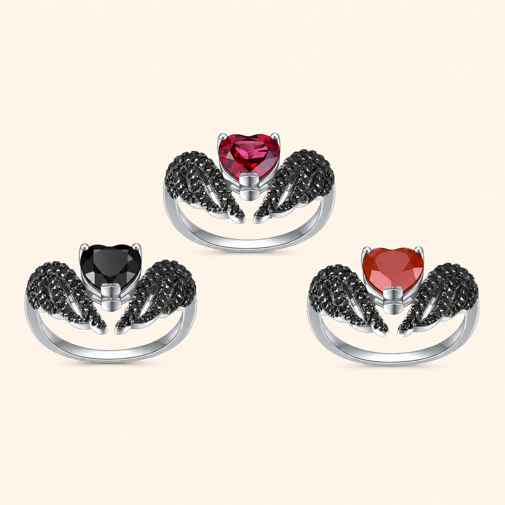 Women’s 925 Sterling Silver Heart Ring with Black Wings and Gemstone Center