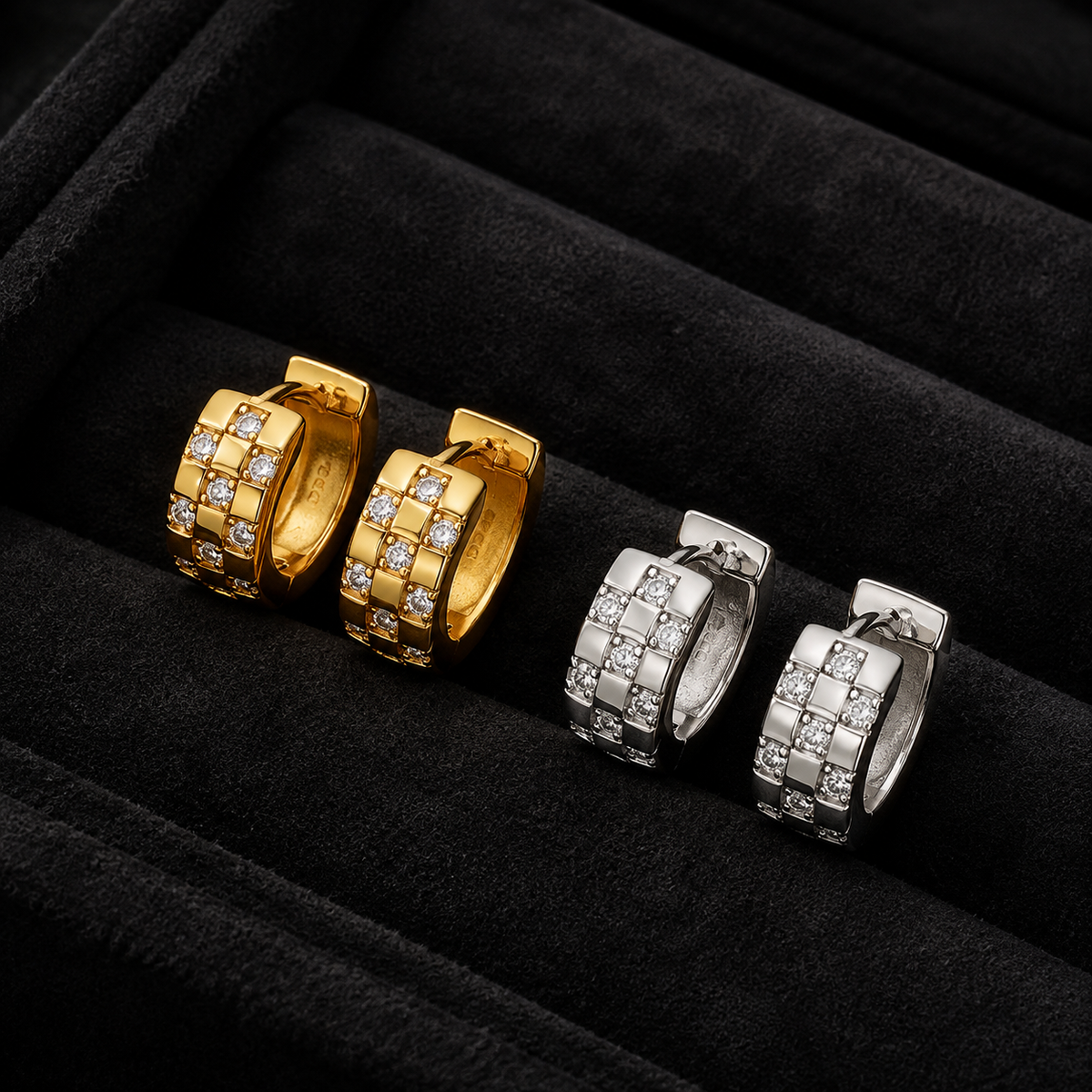 925 Sterling Silver Checkerboard Micro-Pavé Huggie Hoop Earrings