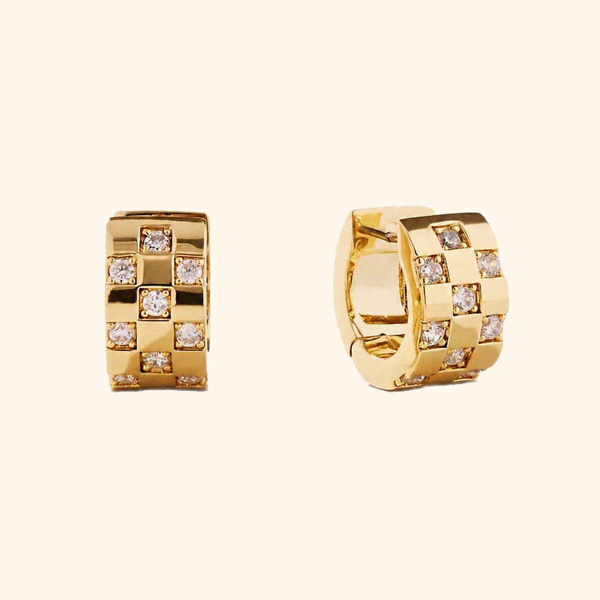 925 Sterling Silver Checkerboard Micro-Pavé Huggie Hoop Earrings