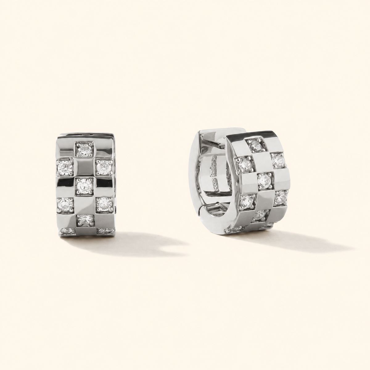 925 Sterling Silver Checkerboard Micro-Pavé Huggie Hoop Earrings
