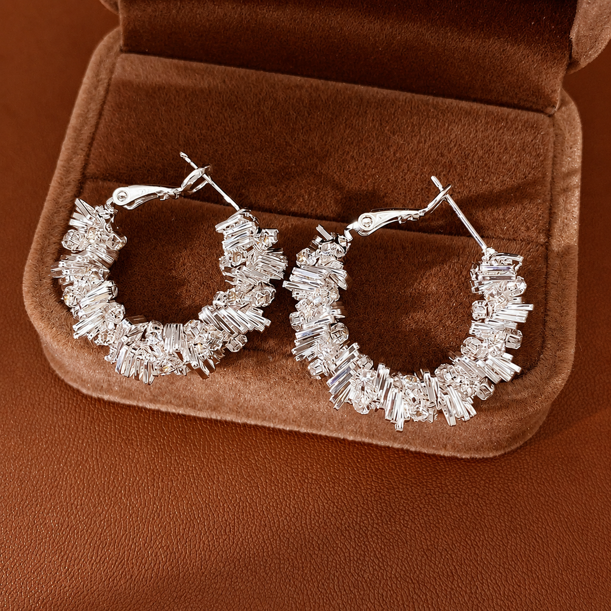 Women’s Silver Baguette Zircon Cluster Hoop Earrings