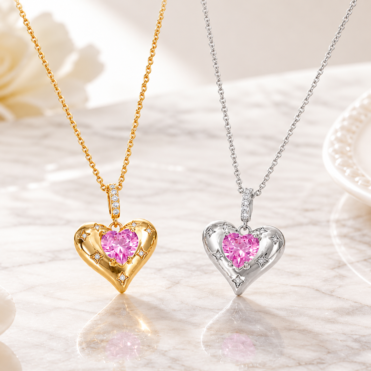 Women’s Elegant Heart Pendant Necklace with Cubic Zirconia in Gold or Silver Tone
