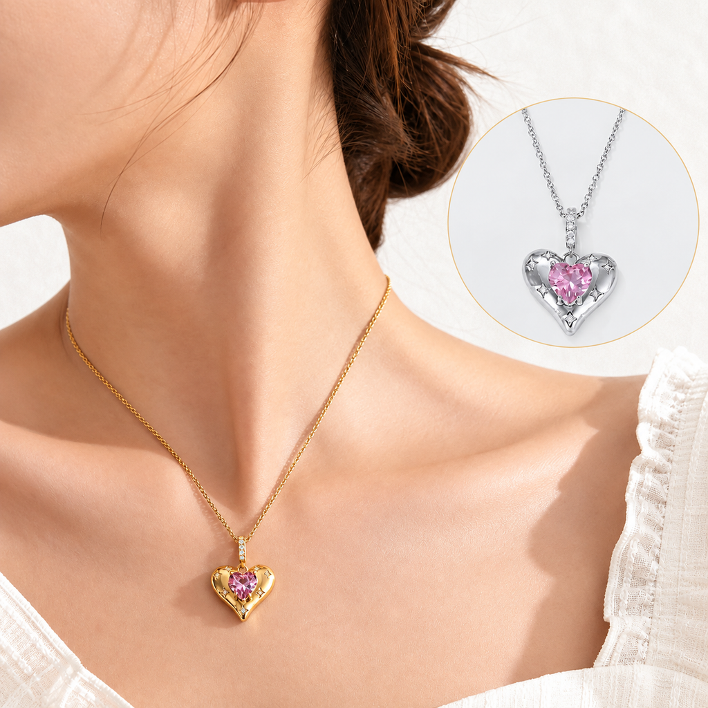 Women’s Elegant Heart Pendant Necklace with Cubic Zirconia in Gold or Silver Tone