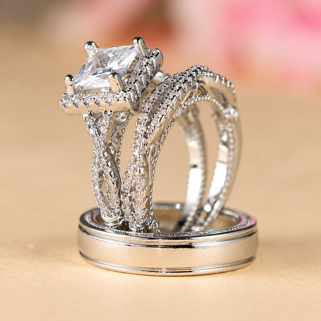 Women’s Elegant Three-Piece Geometric Ring Set with Sparkling Cubic Zirconia