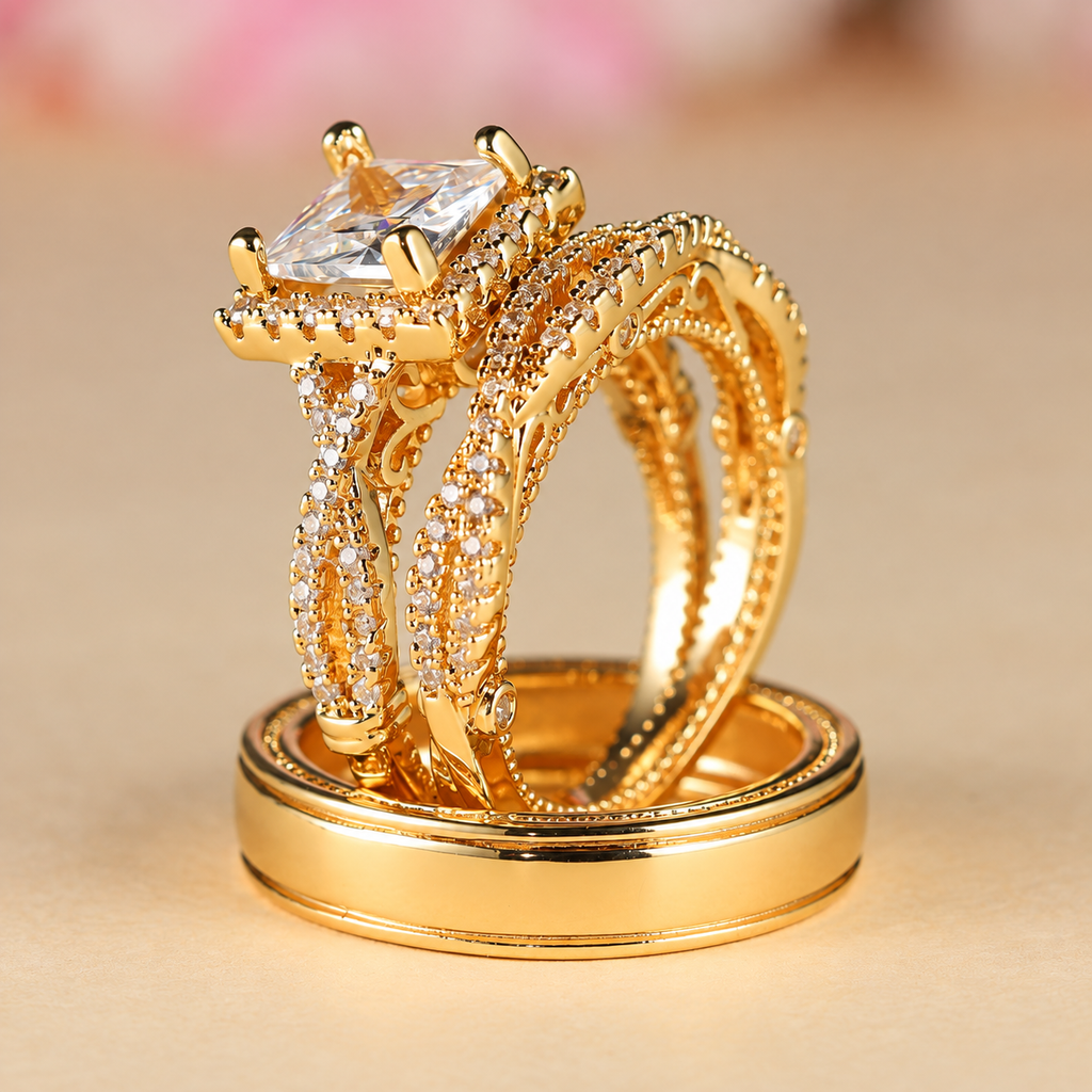 Women’s Elegant Three-Piece Geometric Ring Set with Sparkling Cubic Zirconia