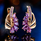 Women’s Elegant Floral Earrings with Teardrop Cubic Zirconia and Curved Metal Detail