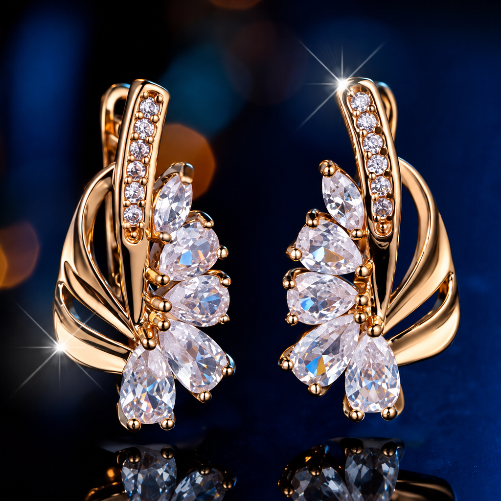 Women’s Elegant Floral Earrings with Teardrop Cubic Zirconia and Curved Metal Detail