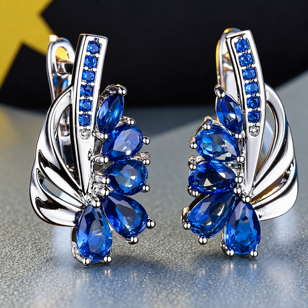 Women’s Elegant Floral Earrings with Teardrop Cubic Zirconia and Curved Metal Detail