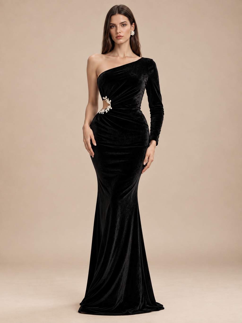 Women’s Black Elegant Velvet One Shoulder Long Sleeve Mermaid Maxi Dress with Crystal Waist Detail