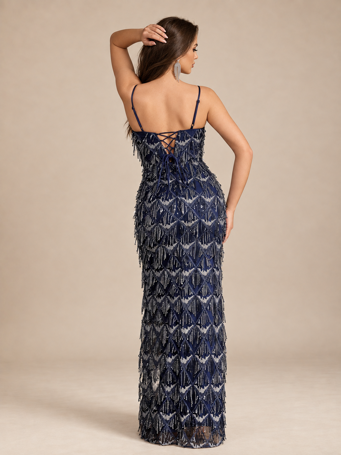 Women’s Navy Blue Elegant Sequin Mesh Sweetheart Neck Spaghetti Strap Column Maxi Dress with Bead Embroidery