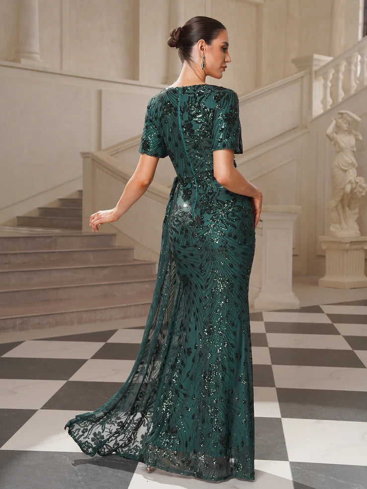 Women’s Dark Green Elegant Sequin V-Neck Short Sleeve High Slit Maxi Dress with Ruched Waist