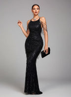 Women’s Black Glamorous Sequin Halter Neck Sleeveless Mermaid Maxi Dress with Fringe Detail