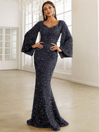 Women’s Rose Gold Evening Sequin V-Neck Mermaid Maxi Dress with Bell Sleeves