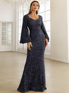 Women’s Rose Gold Evening Sequin V-Neck Mermaid Maxi Dress with Bell Sleeves