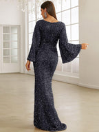 Women’s Rose Gold Evening Sequin V-Neck Mermaid Maxi Dress with Bell Sleeves