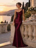 Women’s Burgundy Ruched Satin One-Shoulder Sleeveless Slim Maxi Cocktail Dress