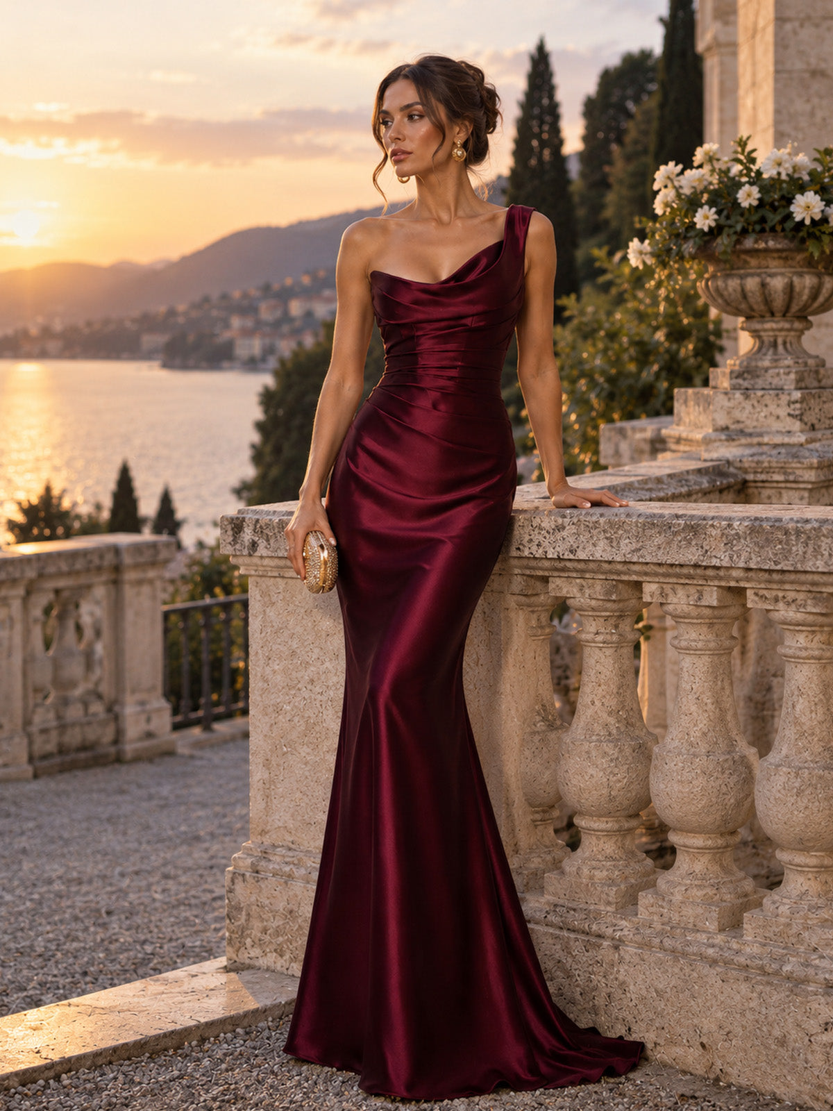 Women’s Burgundy Ruched Satin One-Shoulder Sleeveless Slim Maxi Cocktail Dress