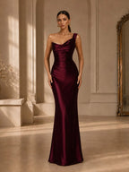 Women’s Burgundy Ruched Satin One-Shoulder Sleeveless Slim Maxi Cocktail Dress