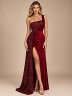 Women’s Black Glamorous Velvet Sequin One-Shoulder Sleeveless Regular Maxi Prom Dress with High Slit