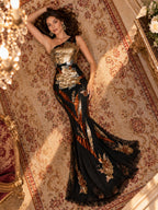 Women’s Black Gold Glamorous Sequin One-Shoulder Sleeveless Fitted Maxi Dress with Floral Detail