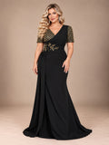 Women’s Black Elegant V-Neck Short Sleeve Mermaid Maxi Dress with Gold Sequin Embroidery and Draped Detail