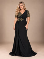 Women’s Black Elegant V-Neck Short Sleeve Mermaid Maxi Dress with Gold Sequin Embroidery and Draped Detail