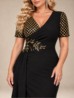 Women’s Black Elegant V-Neck Short Sleeve Mermaid Maxi Dress with Gold Sequin Embroidery and Draped Detail