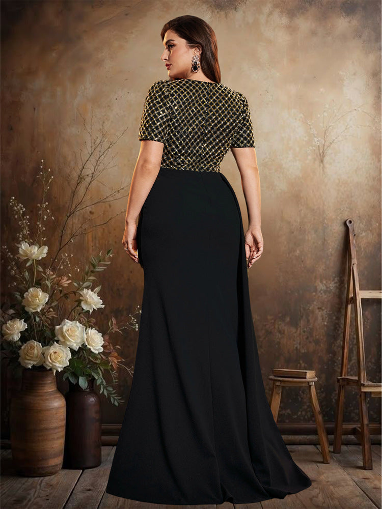 Women’s Black Elegant V-Neck Short Sleeve Mermaid Maxi Dress with Gold Sequin Embroidery and Draped Detail