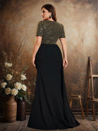 Women’s Black Elegant V-Neck Short Sleeve Mermaid Maxi Dress with Gold Sequin Embroidery and Draped Detail