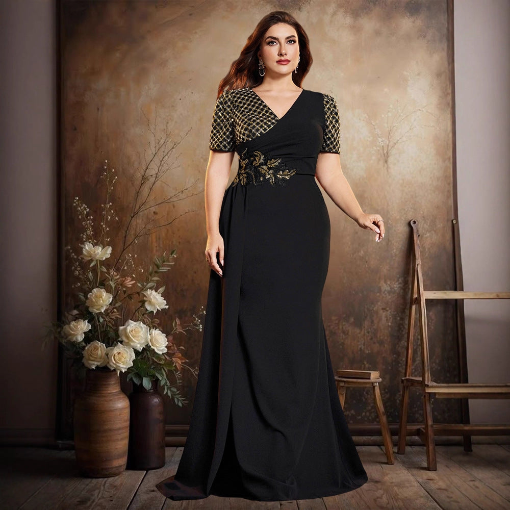 Women’s Black Elegant V-Neck Short Sleeve Mermaid Maxi Dress with Gold Sequin Embroidery and Draped Detail