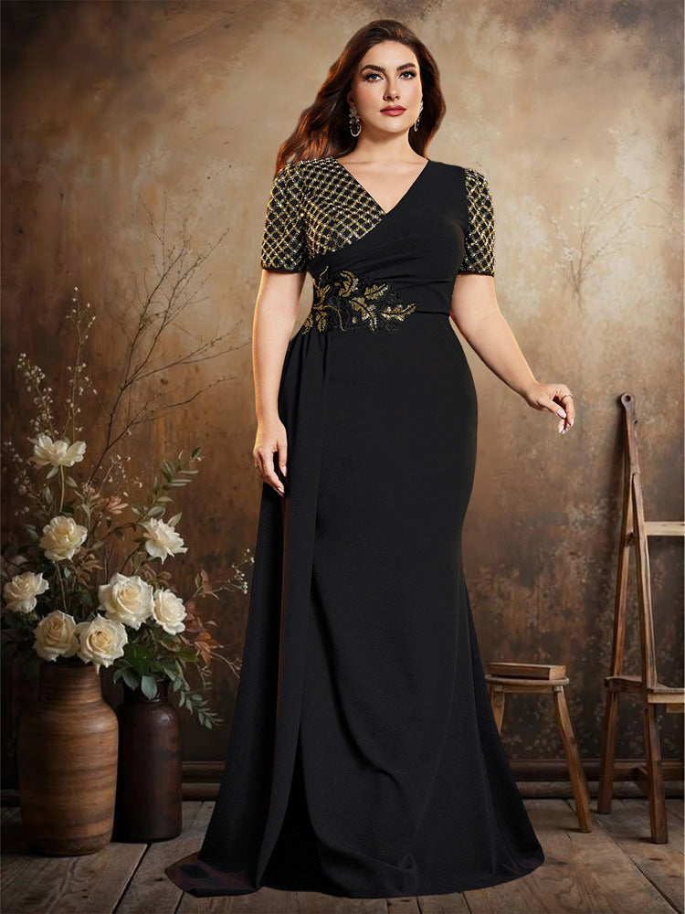 Women’s Black Elegant V-Neck Short Sleeve Mermaid Maxi Dress with Gold Sequin Embroidery and Draped Detail