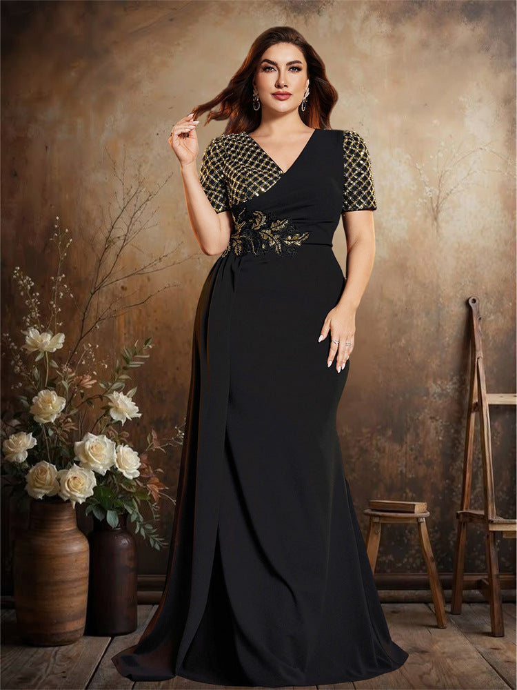 Women’s Black Elegant V-Neck Short Sleeve Mermaid Maxi Dress with Gold Sequin Embroidery and Draped Detail