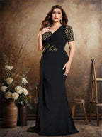Women’s Black Elegant V-Neck Short Sleeve Mermaid Maxi Dress with Gold Sequin Embroidery and Draped Detail