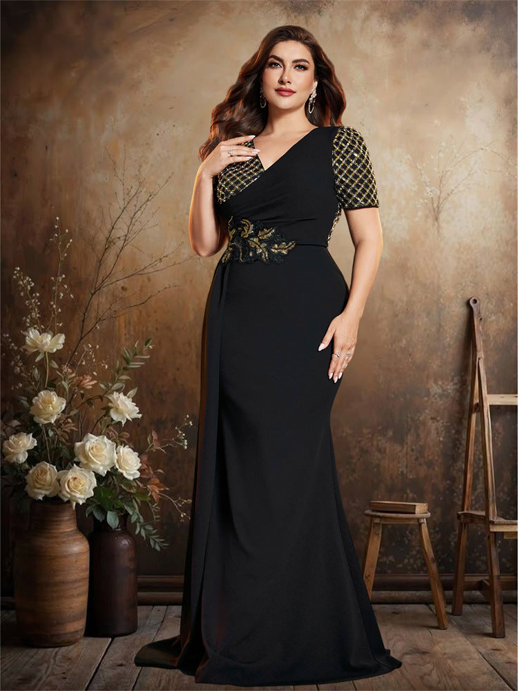 Women’s Black Elegant V-Neck Short Sleeve Mermaid Maxi Dress with Gold Sequin Embroidery and Draped Detail