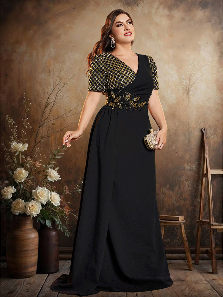 Women’s Black Elegant V-Neck Short Sleeve Mermaid Maxi Dress with Gold Sequin Embroidery and Draped Detail