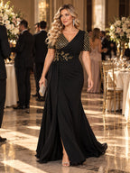 Women’s Black Elegant V-Neck Short Sleeve Mermaid Maxi Dress with Gold Sequin Embroidery and Draped Detail