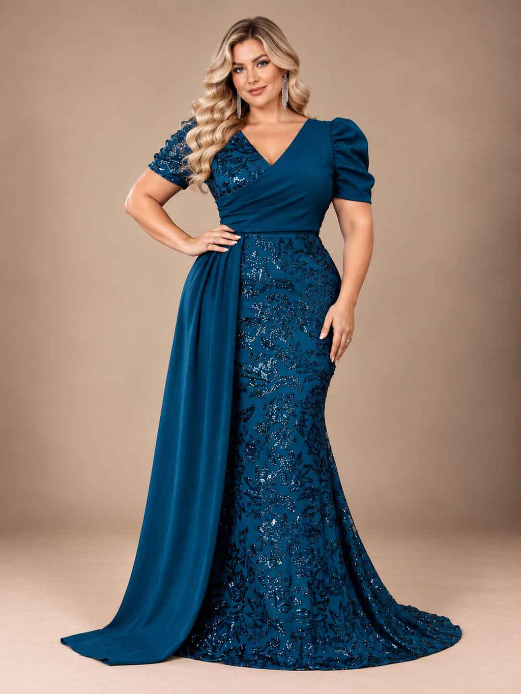 Women’s Teal Blue Elegant Sequin V-Neck Short Puff Sleeve Mermaid Maxi Dress with Draped Overlay Detail