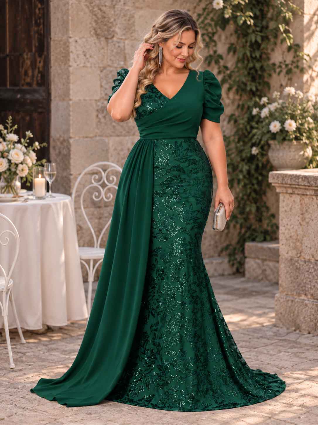 Women’s Teal Blue Elegant Sequin V-Neck Short Puff Sleeve Mermaid Maxi Dress with Draped Overlay Detail