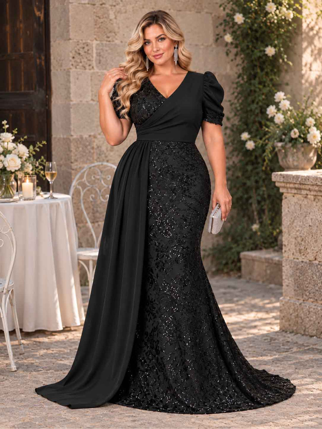Women’s Teal Blue Elegant Sequin V-Neck Short Puff Sleeve Mermaid Maxi Dress with Draped Overlay Detail