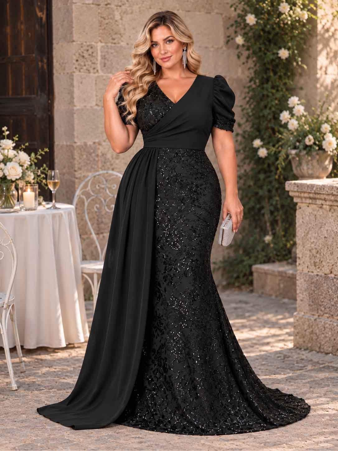Women’s Teal Blue Elegant Sequin V-Neck Short Puff Sleeve Mermaid Maxi Dress with Draped Overlay Detail