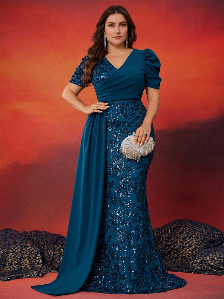 Women’s Teal Blue Elegant Sequin V-Neck Short Puff Sleeve Mermaid Maxi Dress with Draped Overlay Detail
