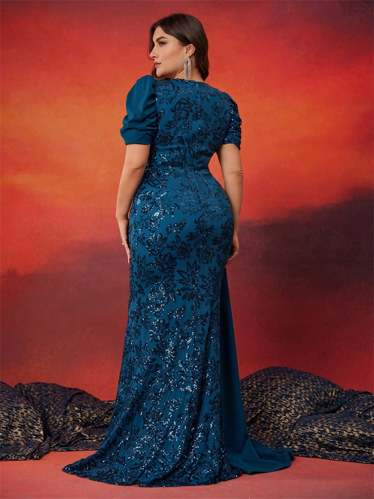 Women’s Teal Blue Elegant Sequin V-Neck Short Puff Sleeve Mermaid Maxi Dress with Draped Overlay Detail