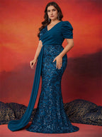 Women’s Teal Blue Elegant Sequin V-Neck Short Puff Sleeve Mermaid Maxi Dress with Draped Overlay Detail