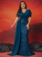 Women’s Teal Blue Elegant Sequin V-Neck Short Puff Sleeve Mermaid Maxi Dress with Draped Overlay Detail
