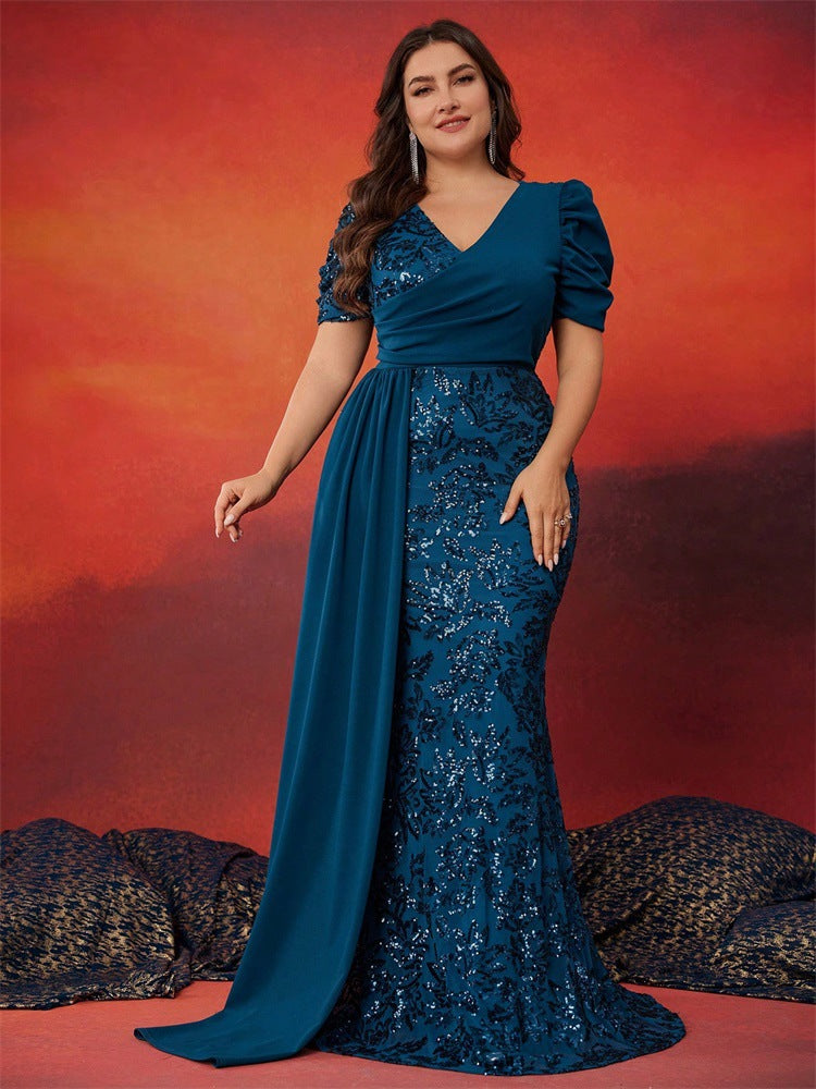 Women’s Teal Blue Elegant Sequin V-Neck Short Puff Sleeve Mermaid Maxi Dress with Draped Overlay Detail