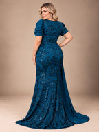 Women’s Teal Blue Elegant Sequin V-Neck Short Puff Sleeve Mermaid Maxi Dress with Draped Overlay Detail