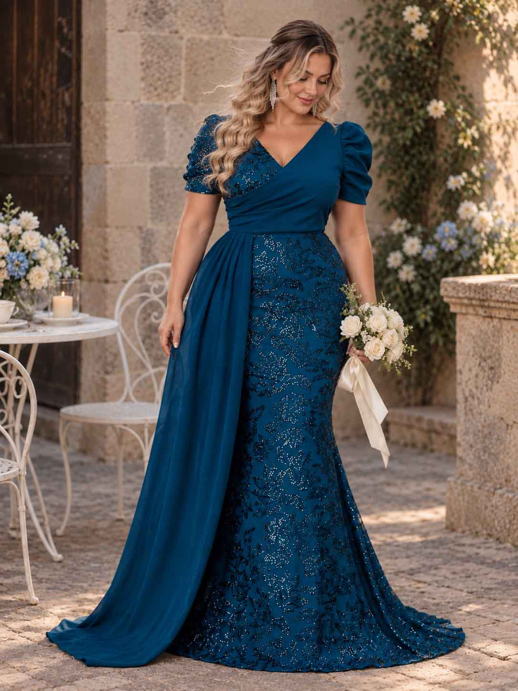 Women’s Teal Blue Elegant Sequin V-Neck Short Puff Sleeve Mermaid Maxi Dress with Draped Overlay Detail