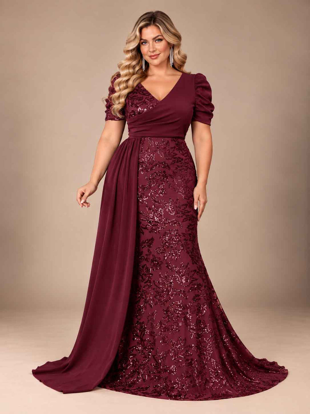 Women’s Teal Blue Elegant Sequin V-Neck Short Puff Sleeve Mermaid Maxi Dress with Draped Overlay Detail