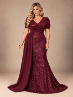 Women’s Teal Blue Elegant Sequin V-Neck Short Puff Sleeve Mermaid Maxi Dress with Draped Overlay Detail