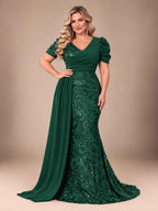 Women’s Teal Blue Elegant Sequin V-Neck Short Puff Sleeve Mermaid Maxi Dress with Draped Overlay Detail